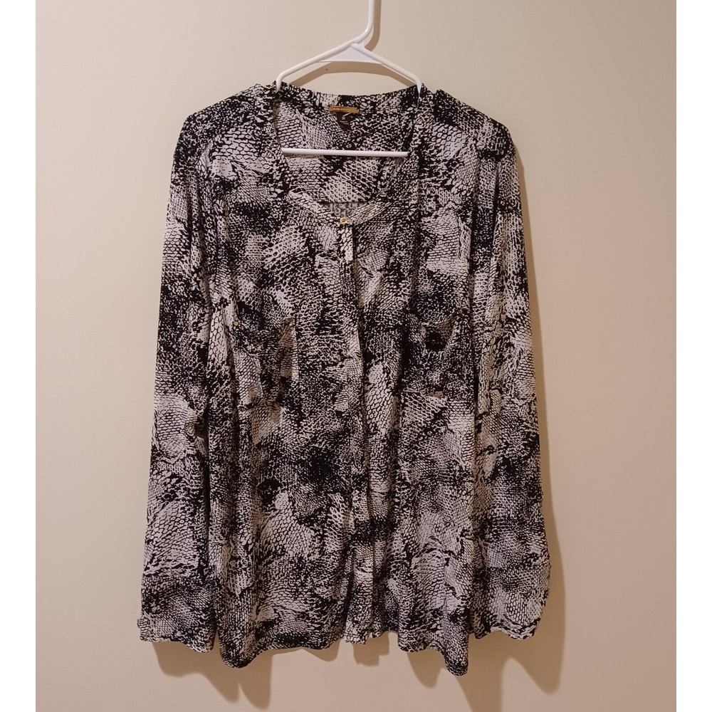 Dana Buchanan Long Sleeve Button Down Blouse Black/White Animal Print Top 3X